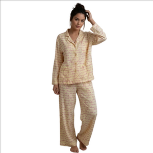 Victoria’s Secret Cotton Pajama Set M Pink Script Print Button Down Cozy Lounge